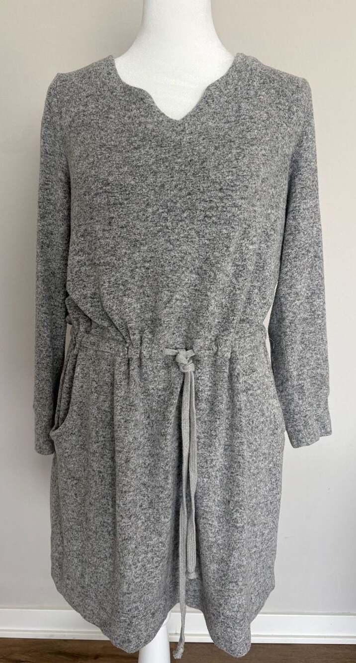 Soft Surroundings Gray Knit Sweater Dress Drawstring Lounge Pockets PS Petite